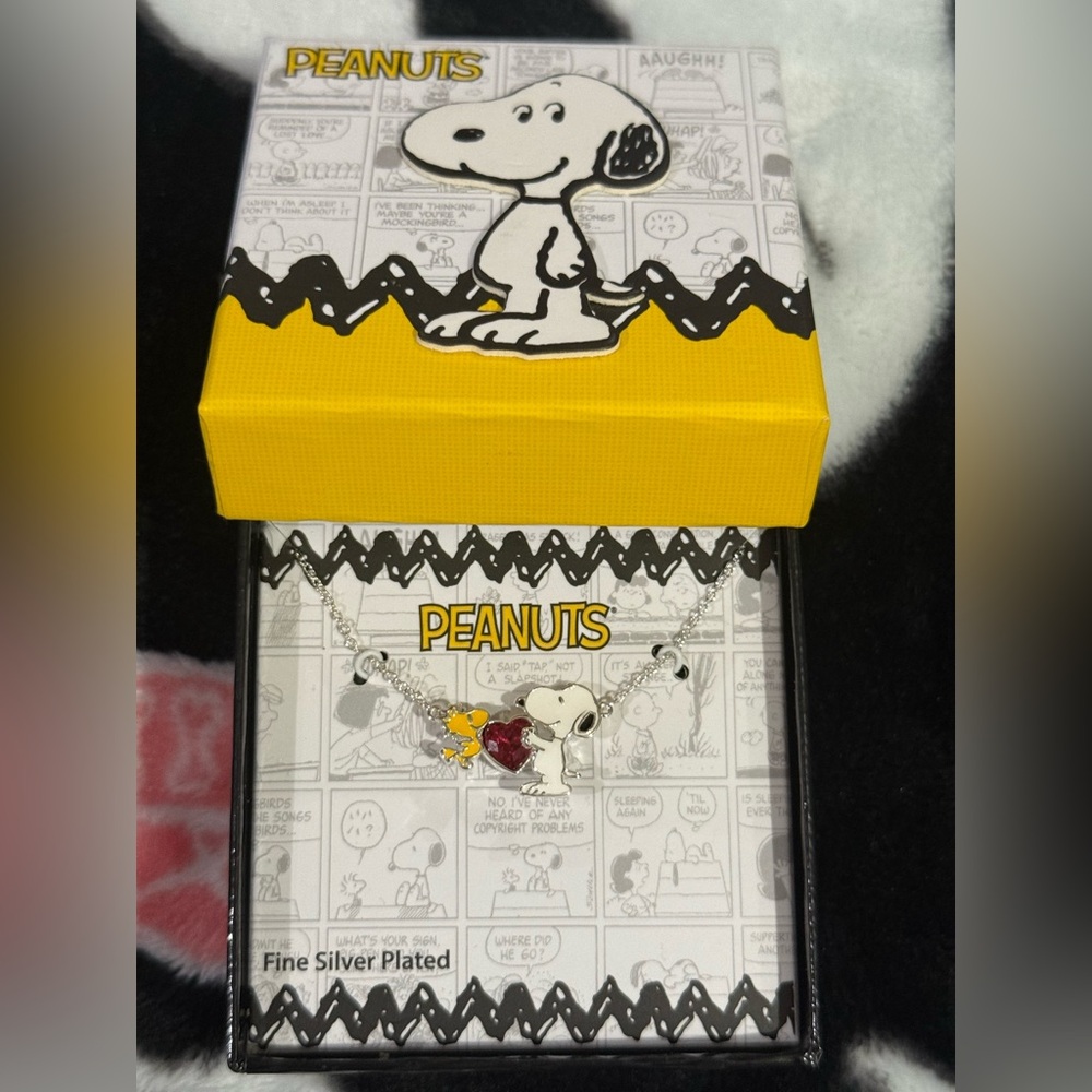 Peanuts Snoopy & Woodstock Silver Necklace with Red Crystal Heart! New in box